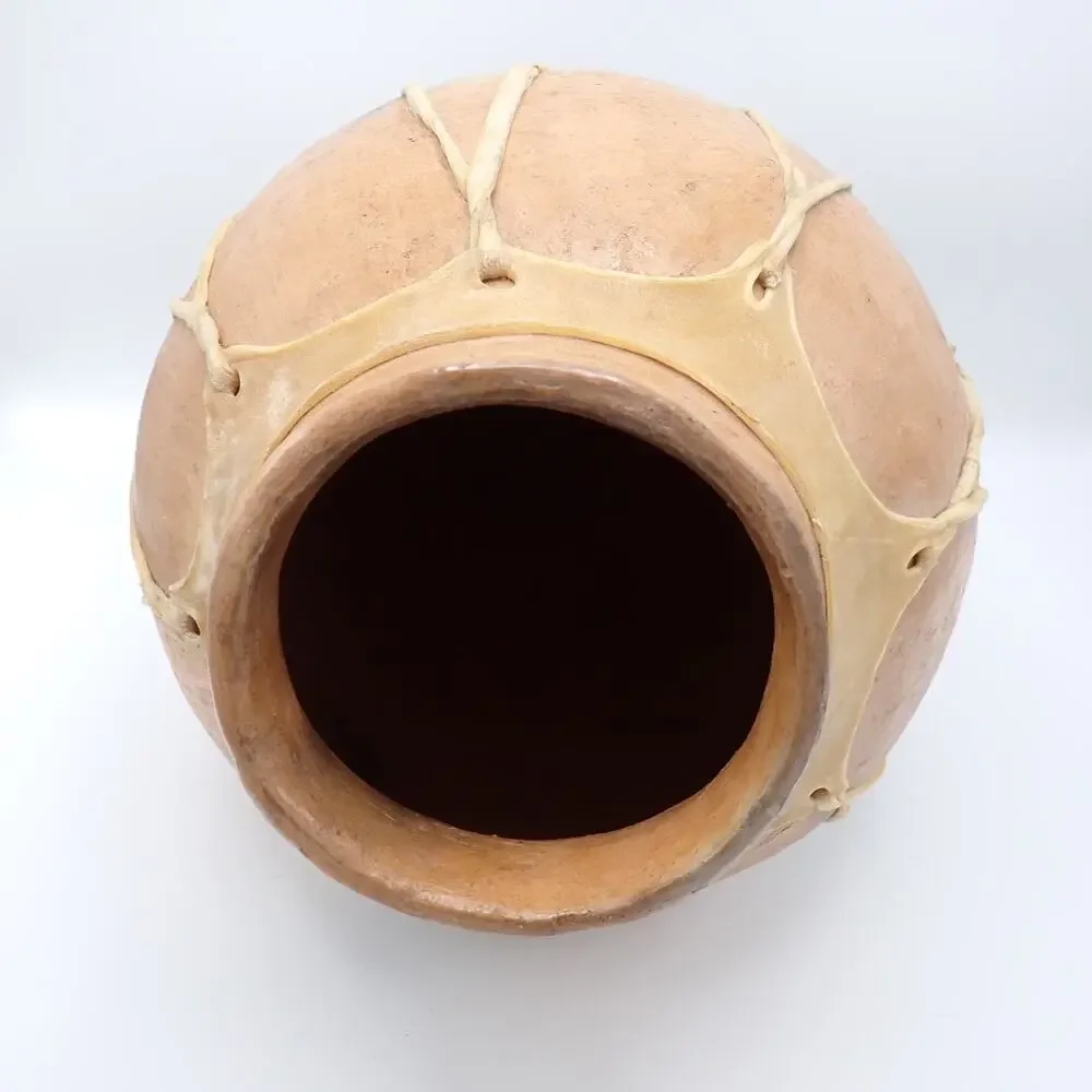Large Rawhide Laced Clay Olla Tarahumara Style Southwest Pottery 14in
